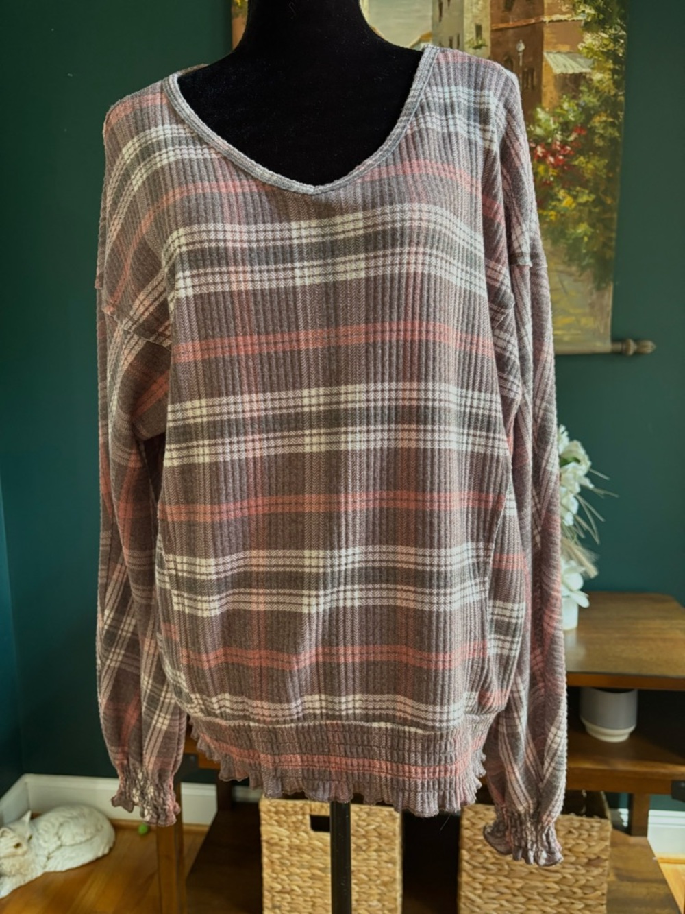 Plaid Waffle Ling Sleeve Sweater